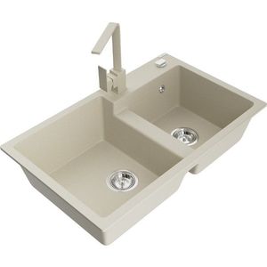 MEXEN/S Tomas granitový dřez 2-bowl včetně baterie Rita, béžová 6516-69-670300-69 obraz