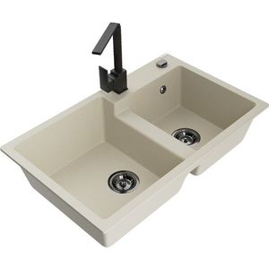 MEXEN/S Tomas granitový dřez 2-bowl včetně baterie Rita, béžová 6516-69-670300-70 obraz