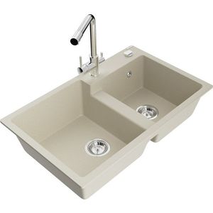 MEXEN/S Tomas granitový dřez 2-bowl včetně baterie Duero, béžová 6516-69-671600-00 obraz