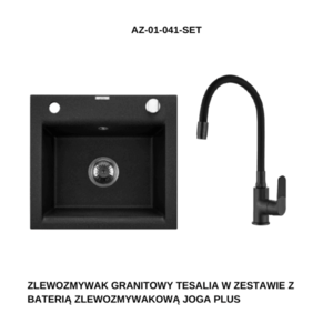 INVENA Granitový dřez TESALIA, černý s automatickým sifonem, chrom + baterie JOGA PLUS AZ-01-041-SET obraz