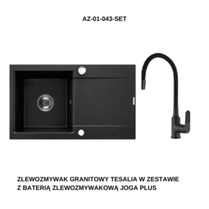 INVENA Granitový dřez TESALIA dlouhý odkap, černý s automatickým sifonem, chrom + baterie JOGA PLUS AZ-01-043-SET obraz
