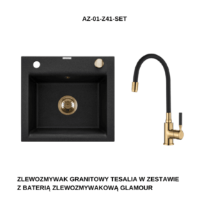 INVENA Granitový dřez TESALIA, černý s automatickým sifonem, zlatý + baterie GLAMOUR AZ-01-Z41-SET obraz