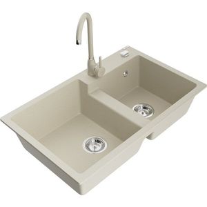 MEXEN/S Tomas granitový dřez 2-bowl včetně baterie Telma, béžová 6516-69-670200-69 obraz