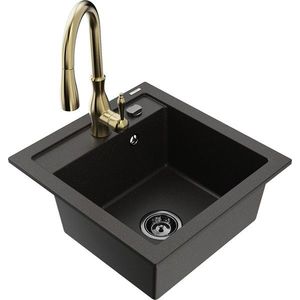 MEXEN/S Vito granitový dřez 1-miska včetně baterie Savita, černá/zlatá metalik 6503-75-672601-50-B obraz