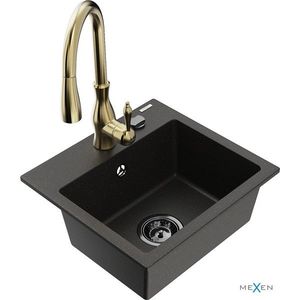 MEXEN/S Milo granitový dřez 1-miska včetně baterie Savita, černá/zlatá metali 6505-75-672601-50-B obraz