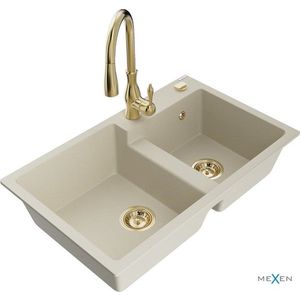 MEXEN/S Tomas granitový dřez 2-bowl včetně baterie Savita, béžová 6516-69-672601-50 obraz
