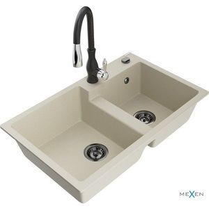 MEXEN/S Tomas granitový dřez 2-bowl včetně baterie Savita, béžová 6516-69-672601-70 obraz