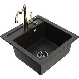 MEXEN/S Vito granitový dřez 1-miska včetně baterie Carla, černá/zlatá metalik 6503-75-670700-50-B obraz