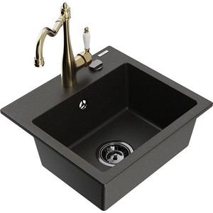 MEXEN/S Milo granitový dřez 1-miska včetně baterie Carla, černá/zlatá metalik 6505-75-670700-50-B obraz
