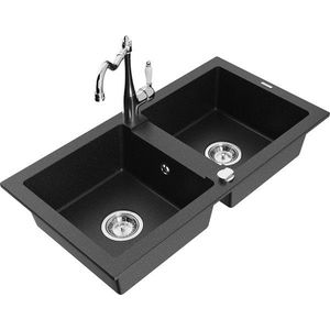 MEXEN/S Mario granitový dřez 2-bowl včetně baterie Carla, černá/stříbrná metalik 6504-73-670700-00 obraz