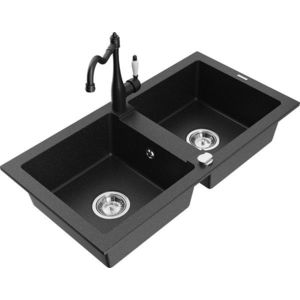 MEXEN/S Mario granitový dřez 2-bowl včetně baterie Carla, černá/stříbrná metalik 6504-73-670700-70 obraz