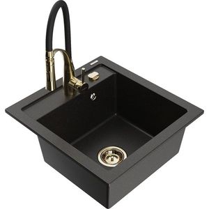 MEXEN/S Vito granitový dřez 1-miska včetně baterie Aster, černá/zlatá metali 6503-75-73450-57-G obraz