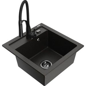 MEXEN/S Vito granitový dřez 1-miska včetně baterie Aster, černá/zlatá metali 6503-75-73450-70-B obraz