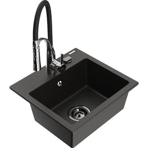MEXEN/S Milo granitový dřez 1-miska včetně baterie Aster, černá/zlatá metalik 6505-75-73450-07-B obraz