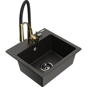 MEXEN/S Milo granitový dřez 1-miska včetně baterie Aster, černá/zlatá metalik 6505-75-73450-57-B obraz