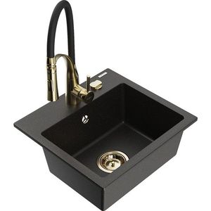 MEXEN/S Milo granitový dřez 1-miska včetně baterie Aster, černá/zlatá metalik 6505-75-73450-57-G obraz