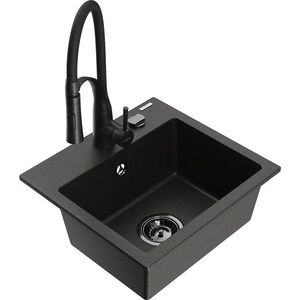 MEXEN/S Milo granitový dřez 1-miska včetně baterie Aster, černá/zlatá metalik 6505-75-73450-70-B obraz