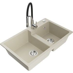 MEXEN/S Tomas granitový dřez 2-bowl včetně baterie Aster, béžová 6516-69-73450-07 obraz