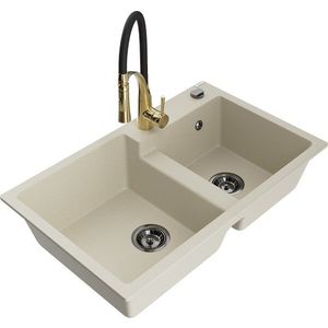 MEXEN/S Tomas granitový dřez 2-bowl včetně baterie Aster, béžová 6516-69-73450-57-B obraz