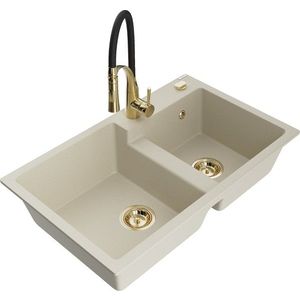 MEXEN/S Tomas granitový dřez 2-bowl včetně baterie Aster, béžová 6516-69-73450-57-G obraz