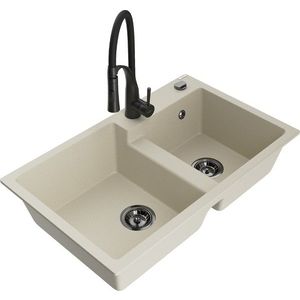 MEXEN/S Tomas granitový dřez 2-bowl včetně baterie Aster, béžová 6516-69-73450-70-B obraz