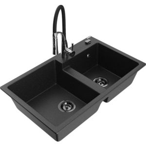 MEXEN/S Tomas granitový dřez 2-bowl včetně baterie Aster, černá/stříbrná metalik 6516-73-73450-07-B obraz