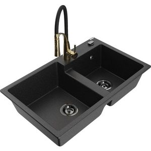 MEXEN/S Tomas granitový dřez 2-bowl včetně baterie Aster, černá/stříbrná metalik 6516-73-73450-57-B obraz