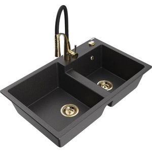 MEXEN/S Tomas granitový dřez 2-bowl včetně baterie Aster, černá kropenatá 6516-76-73450-57-G obraz