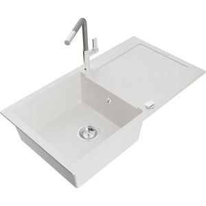 MEXEN/S Leo granitový dřez 1 s odkapávačem včetně baterie Flora, bílá 6501-20-670401-06 obraz