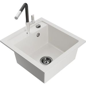 MEXEN/S Vito granitový dřez 1-miska včetně baterie Flora, bílá 6503-20-670401-07-B obraz
