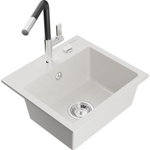 MEXEN/S Milo granitový dřez 1-miska včetně baterie Flora, bílá 6505-20-670401-07 obraz