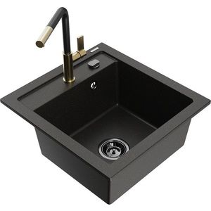 MEXEN/S Vito granitový dřez 1-miska včetně baterie Flora, černá/zlatá metalik 6503-75-670401-57-B obraz