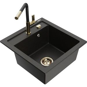 MEXEN/S Vito granitový dřez 1-miska včetně baterie Flora, černá/zlatá metalik 6503-75-670401-57-G obraz