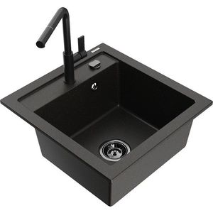 MEXEN/S Vito granitový dřez 1-miska včetně baterie Flora, černá/zlatá metalik 6503-75-670401-70-B obraz