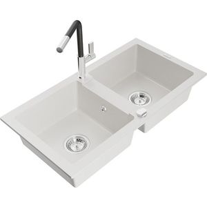 MEXEN/S Mario granitový dřez 2-bowl včetně baterie Flora, bílá 6504-20-670401-07 obraz