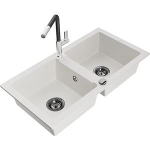 MEXEN/S Mario granitový dřez 2-bowl včetně baterie Flora, bílá 6504-20-670401-07-B obraz