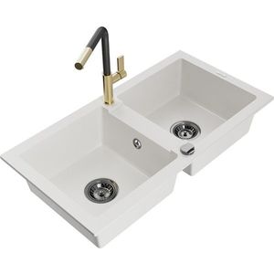 MEXEN/S Mario granitový dřez 2-bowl včetně baterie Flora, bílá 6504-20-670401-57-B obraz