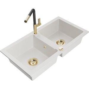 MEXEN/S Mario granitový dřez 2-bowl včetně baterie Flora, bílá 6504-20-670401-57-G obraz
