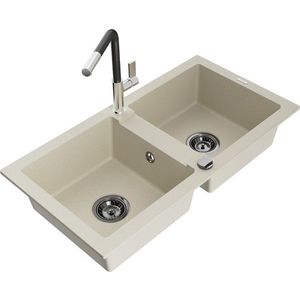 MEXEN/S Mario granitový dřez 2-bowl včetně baterie Flora, béžová 6504-69-670401-07-B obraz