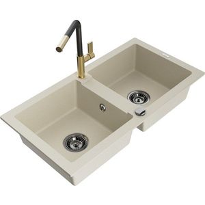 MEXEN/S Mario granitový dřez 2-bowl včetně baterie Flora, béžová 6504-69-670401-57-B obraz