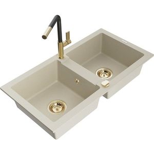 MEXEN/S Mario granitový dřez 2-bowl včetně baterie Flora, béžová 6504-69-670401-57-G obraz
