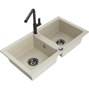 MEXEN/S Mario granitový dřez 2-bowl včetně baterie Flora, béžová 6504-69-670401-70-B obraz