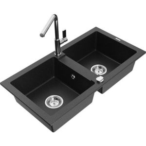 MEXEN/S Mario granitový dřez 2-bowl včetně baterie Flora, černá/stříbrná metalik 6504-73-670401-00 obraz