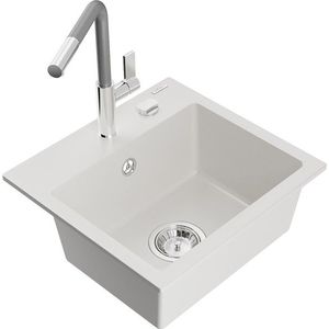 MEXEN/S Milo granitový dřez 1-miska včetně baterie Flora, bílá 6505-20-670401-06 obraz