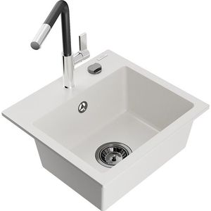 MEXEN/S Milo granitový dřez 1-miska včetně baterie Flora, bílá 6505-20-670401-07-B obraz
