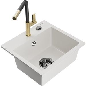 MEXEN/S Milo granitový dřez 1-miska včetně baterie Flora, bílá 6505-20-670401-57-B obraz