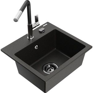 MEXEN/S Milo granitový dřez 1-miska včetně baterie Flora, černá/zlatá metalik 6505-75-670401-07-B obraz