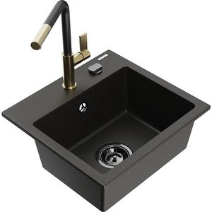 MEXEN/S Milo granitový dřez 1-miska včetně baterie Flora, černá/zlatá metalik 6505-75-670401-57-B obraz