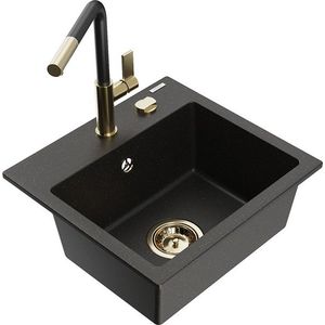MEXEN/S Milo granitový dřez 1-miska včetně baterie Flora, černá/zlatá metalik 6505-75-670401-57-G obraz