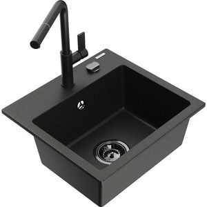 MEXEN/S Milo granitový dřez 1-miska včetně baterie Flora, černá/zlatá metalik 6505-75-670401-70-B obraz